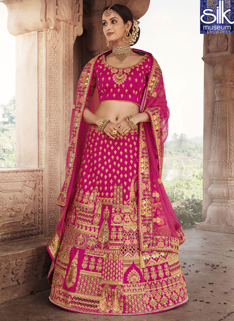 Magnetic Pink Color Silk Designer Wedding Wear A Line Lehenga Choli