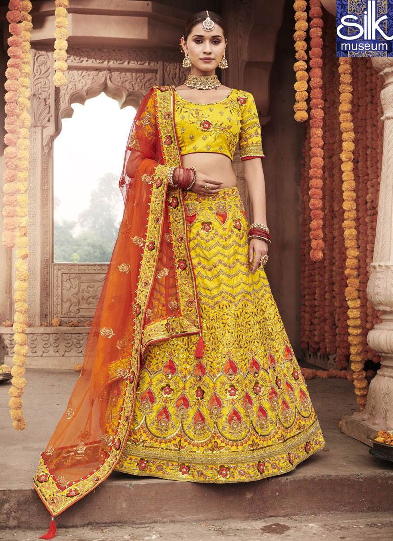 Outstanding Yellow Color Silk Designer Wedding Wear A Line Lehenga Choli