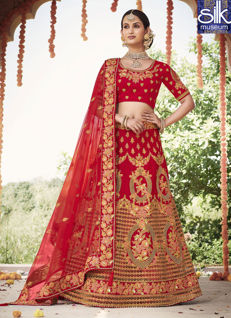 Delightful Red Color Silk Designer Wedding Wear A Line Lehenga Choli