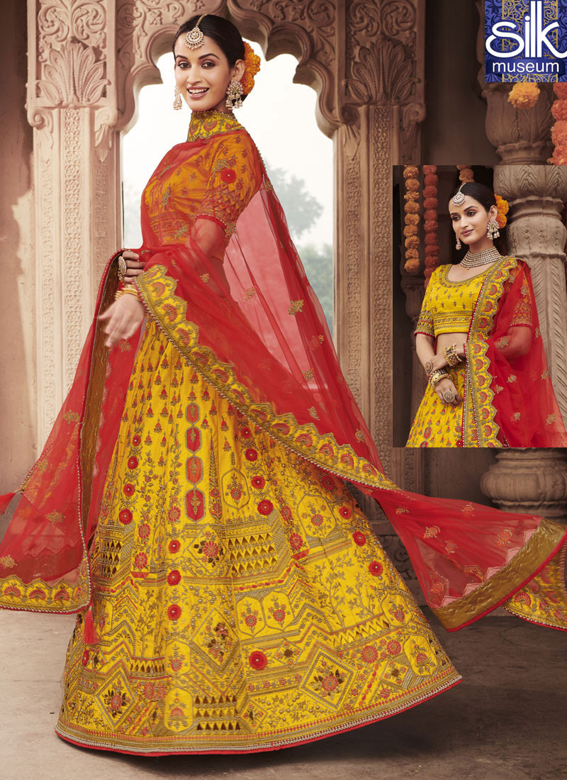 Magnetic Mustard Color Silk Designer Wedding Wear A Line Lehenga Choli
