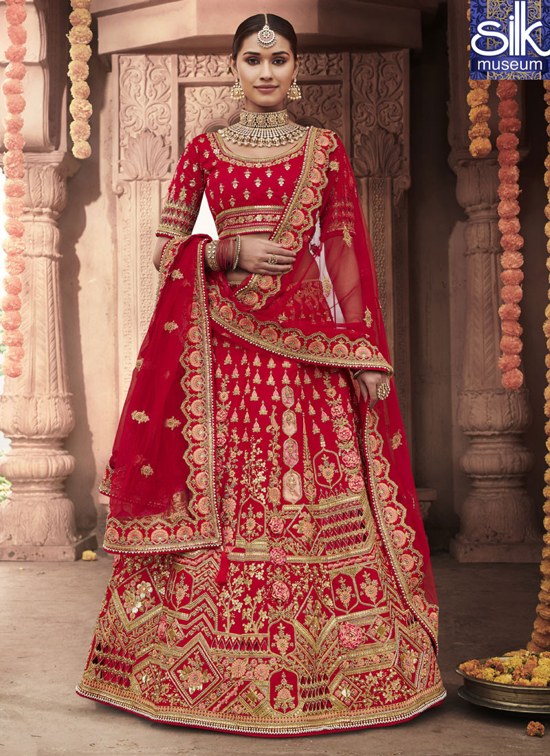 Superb Hot Red Color Silk New Designer Bridal Wear A Line Lehenga Choli