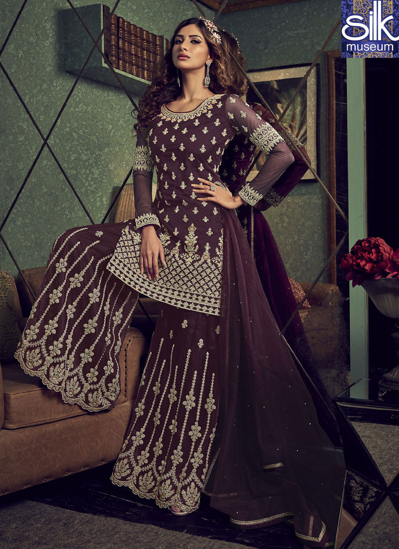 Sparkling Wine Color Net Designer Pakistani Style Garara Suit