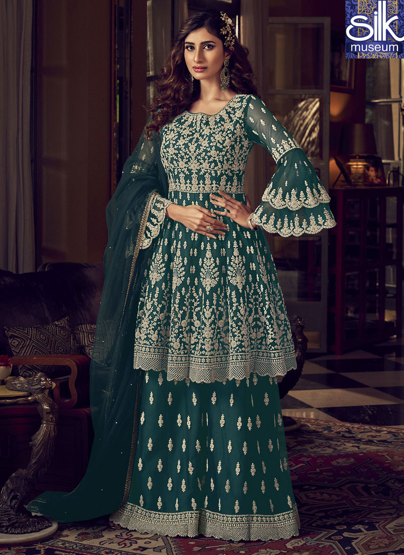 Divine Teal Green Color Soft Net Designer Pakistani Style Garara Suit