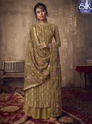 Delightful Olive Brown Color Jacquard Silk Designer Party Wear Palazzo Suit