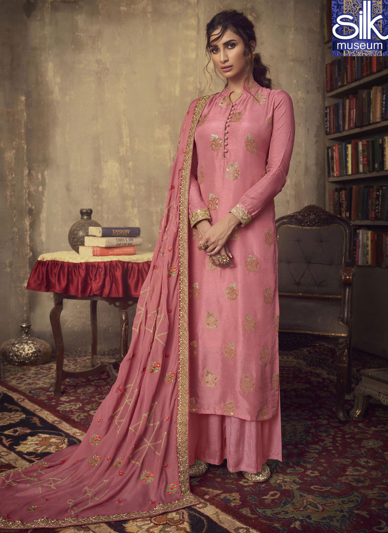 Awesome Pink Color Jacquard Silk New Designer Party Wear Palazzo Suit