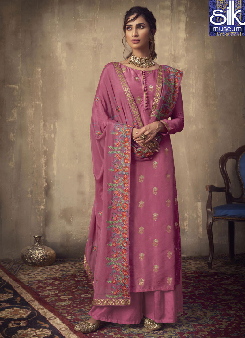 Wonderful Pink Color jacquard Silk New Designer Party Wear Palazzo Suit