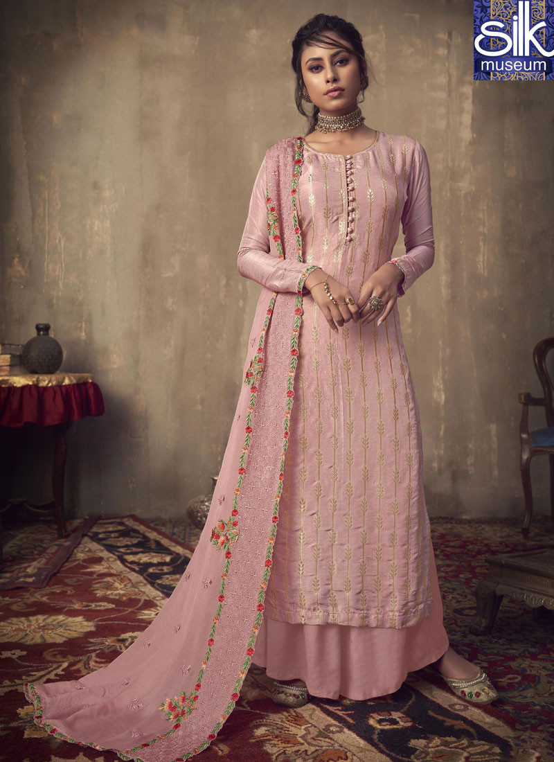 Eye Catchy Pink Color Jacquard Silk New Designer Party Wear Palazzo Suit