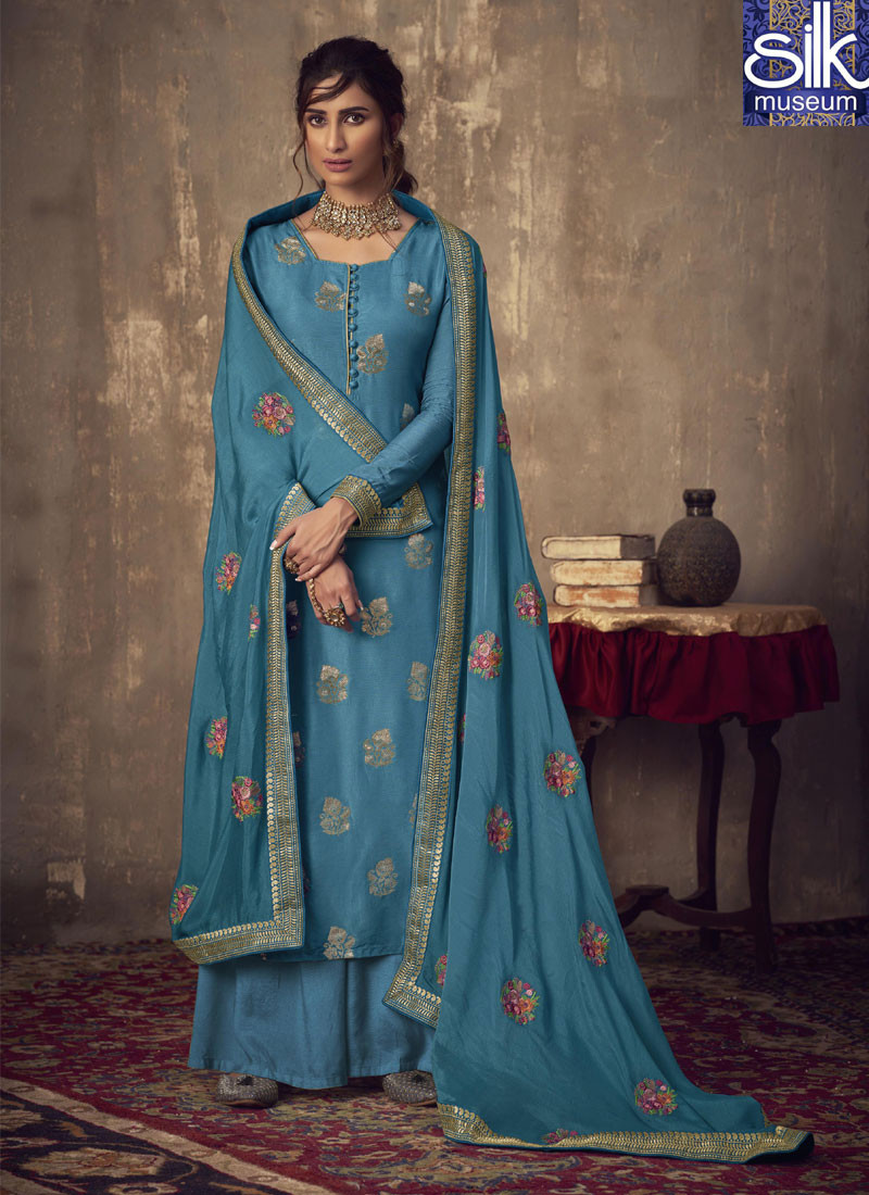 Outstanding Teal Blue Color Jacquard Silk Designer Party Wear Palazzo Suit