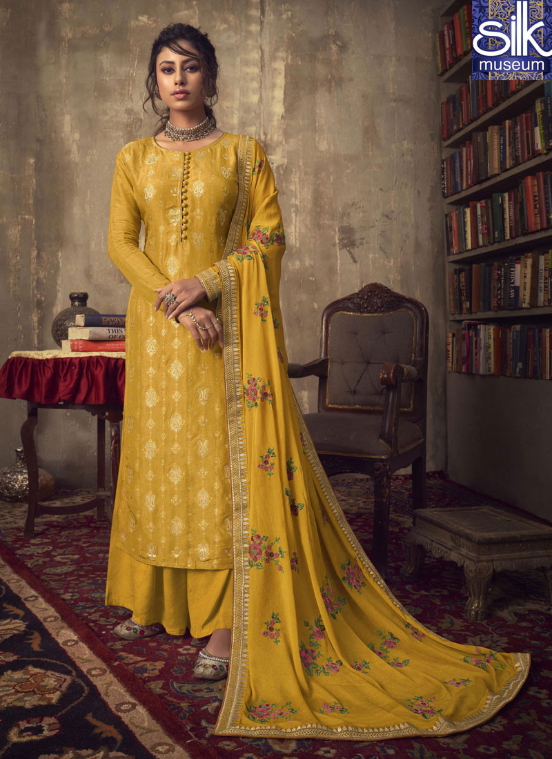 Divine Yellow Color Jacquard Silk New Designer Party Wear Palazzo Suit