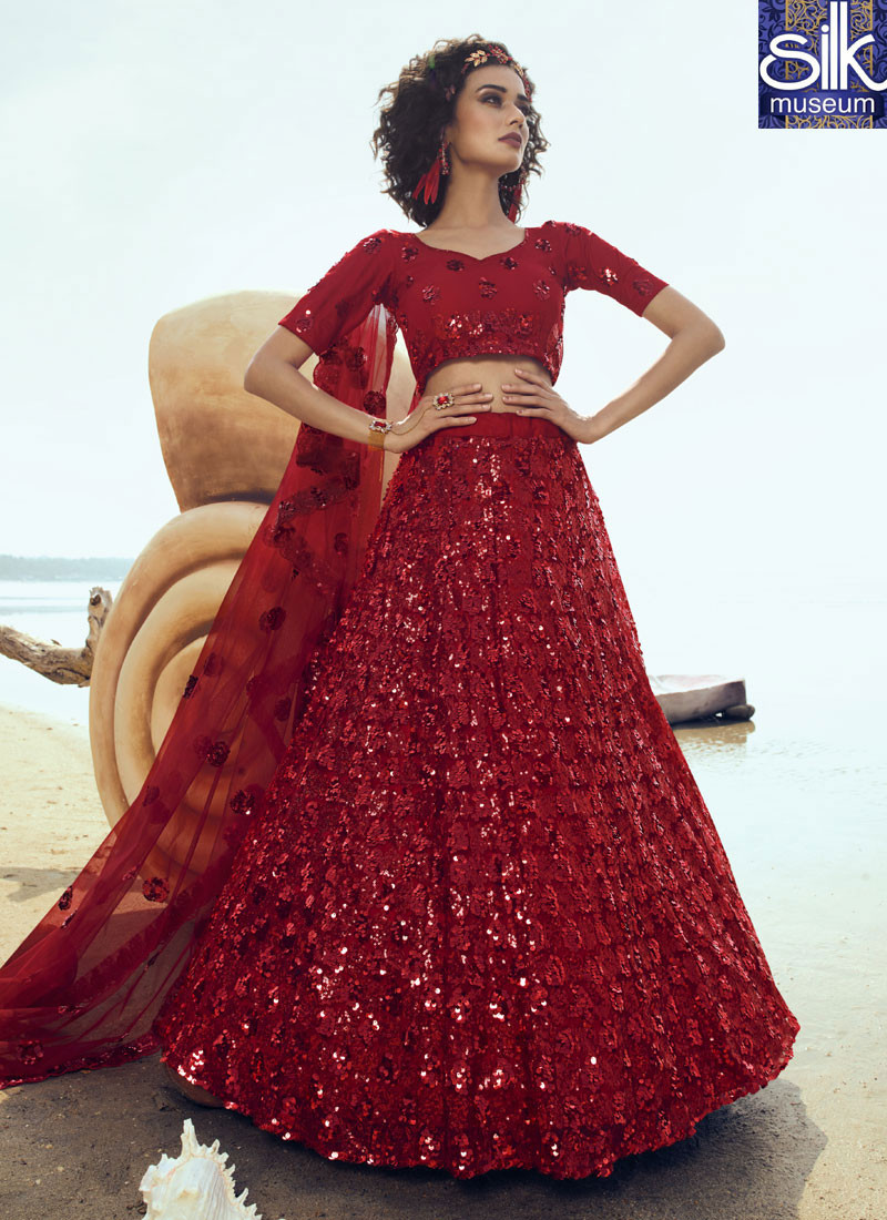 Attractive Red Color Soft Net New Designer Party Wear Lehenga Choli