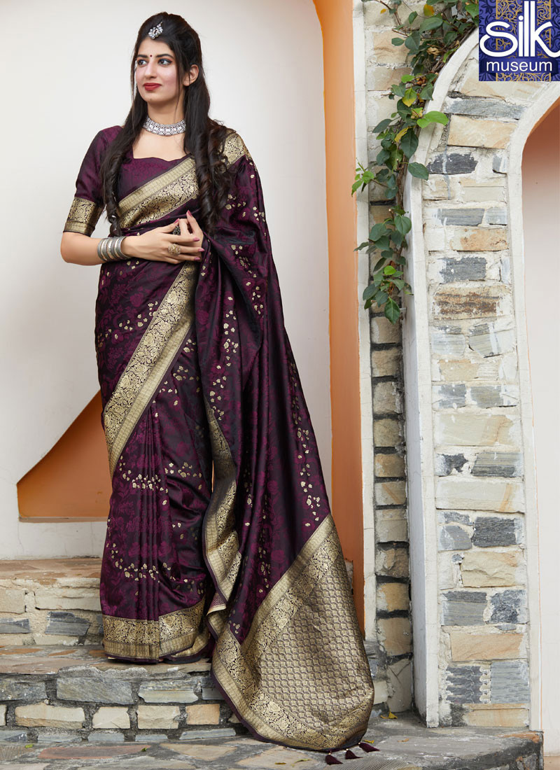Delightful Wine Color Silk Designer Party Wear Traditional Saree