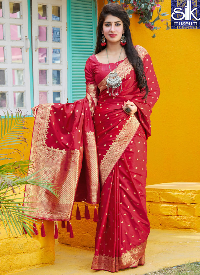 Beautiful Red Color Silk Designer Party Wear Traditional Saree