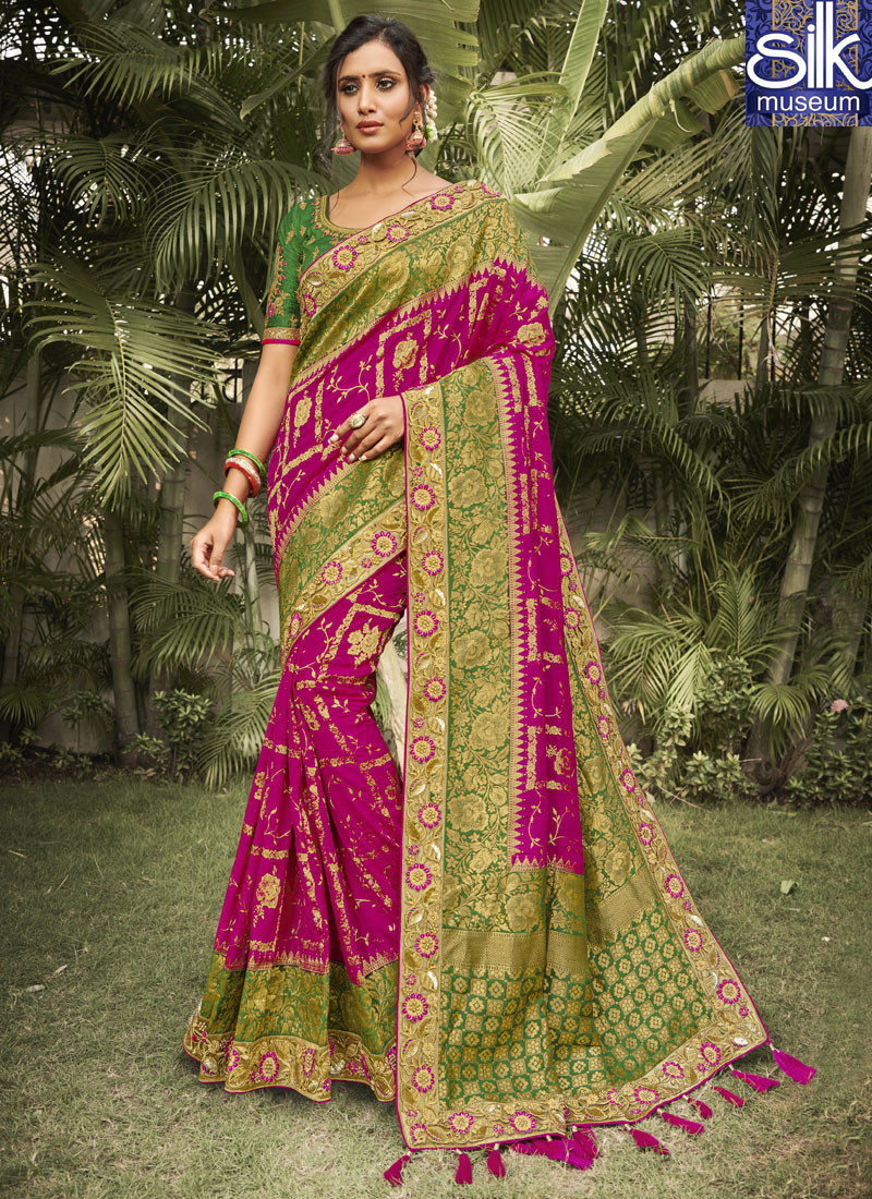 Speechless Magenta Pink Color With Green Touch Silk Designer Wedding Wear Saree