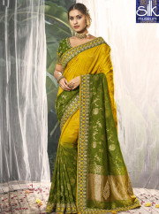 Stylish Lime Yellow With Green Color Silk Designer Wedding Wear Traditional Saree