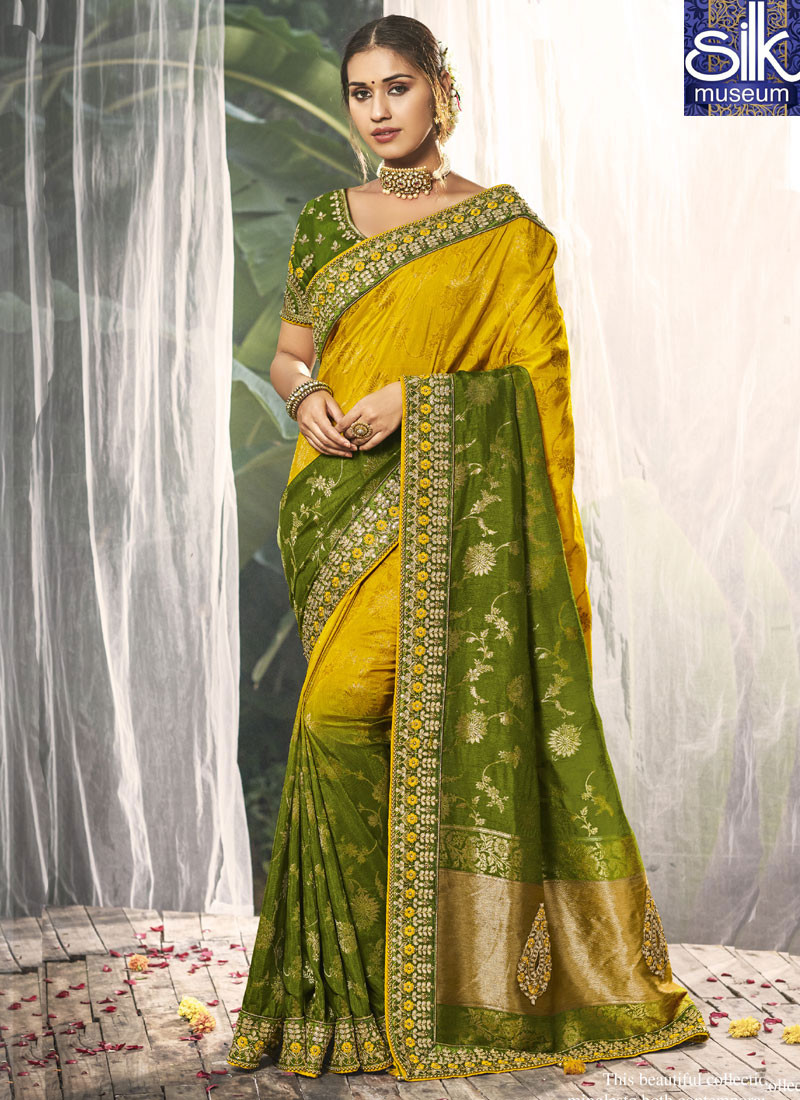 Stylish Lime Yellow With Green Color Silk Designer Wedding Wear Traditional Saree
