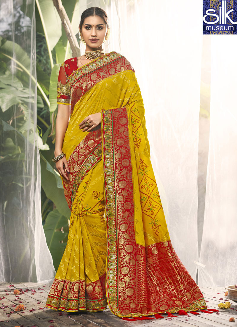 Yellow With Red Touch Silk Designer Traditional Saree
