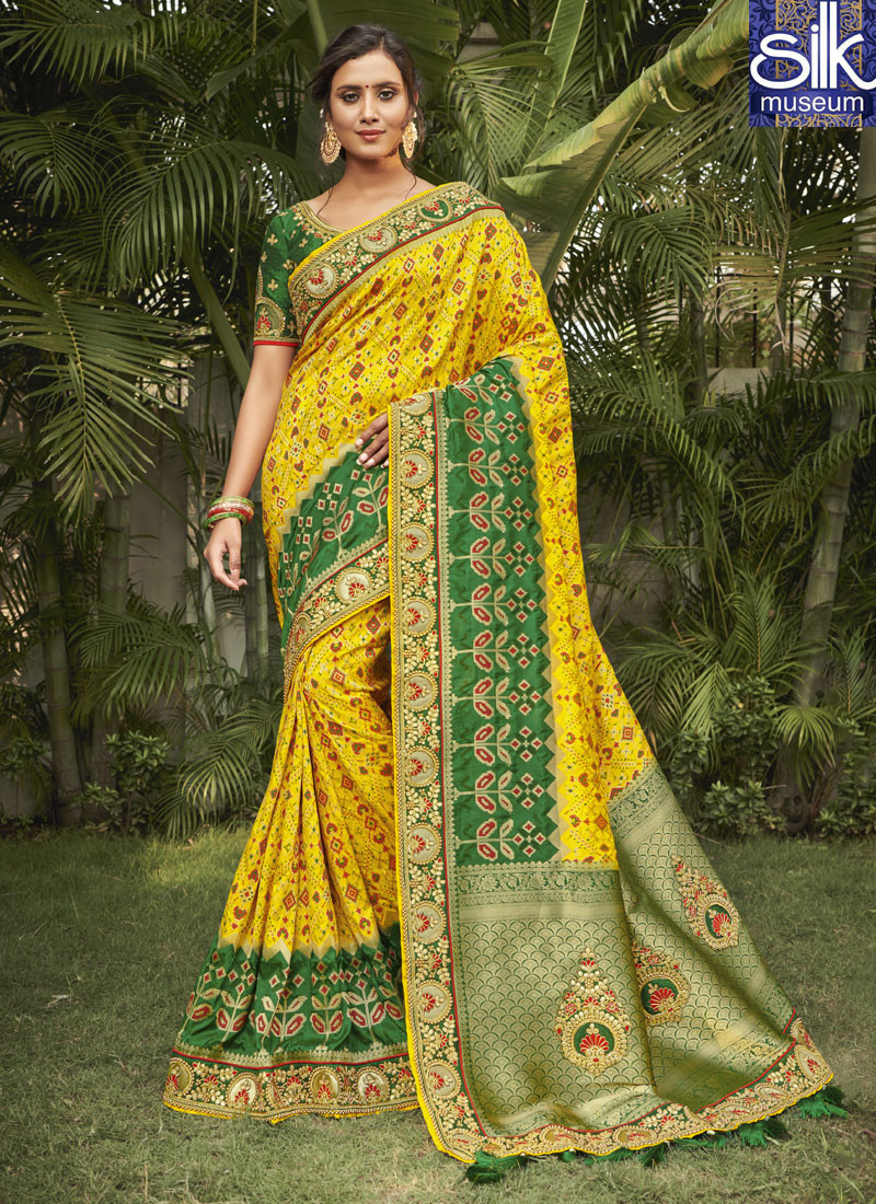 Divine Yellow With Green Color Designer Party Wear Traditional Silk Saree