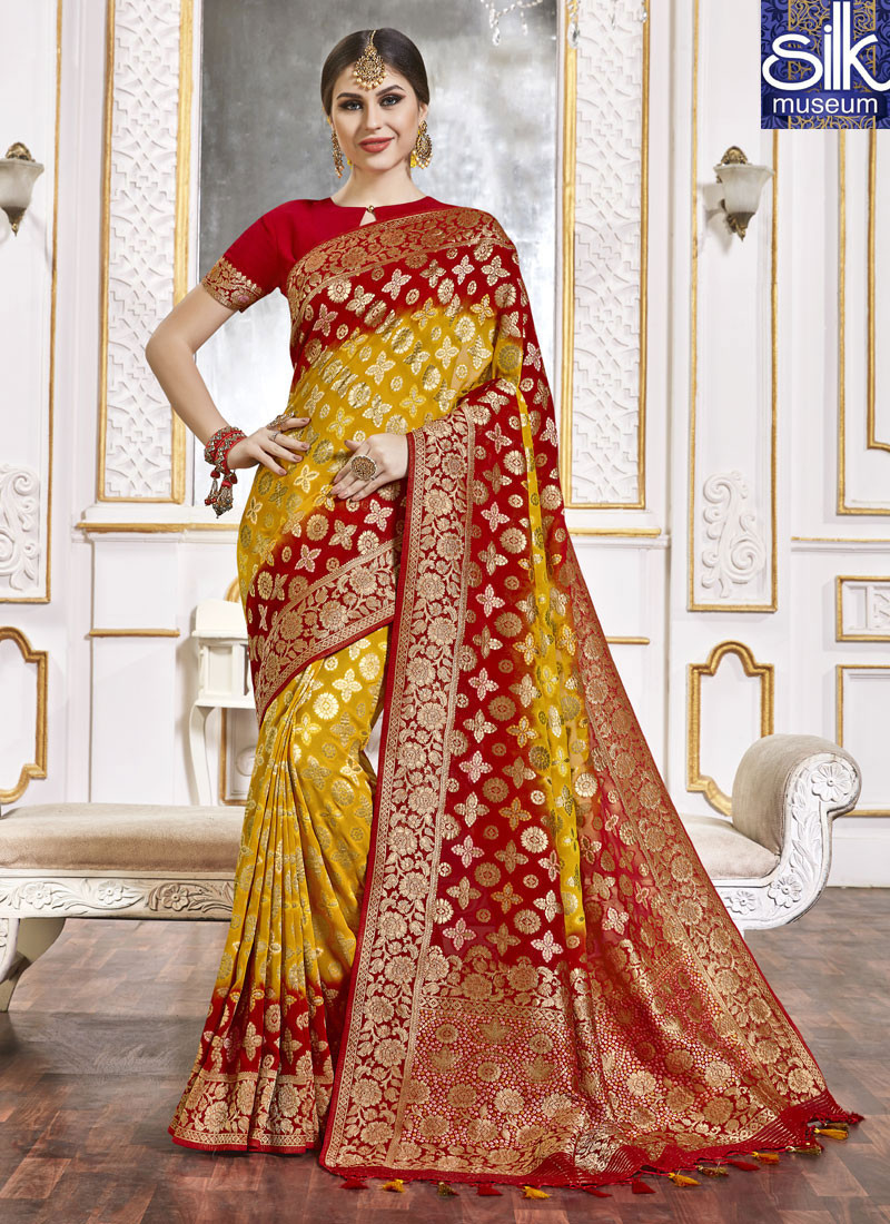 Divine Yellow With Red Color Viscose Designer Wedding Wear Saree