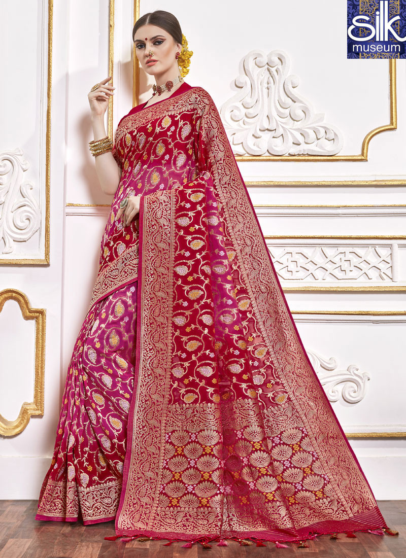 Sparkling Red And Pink Color Viscose New Designer Wedding Wear Saree