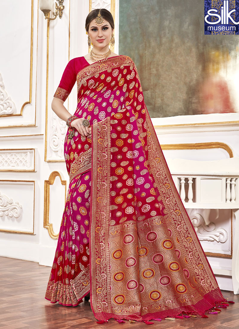 Awesome Pin And Red Color Viscose Designer Wedding Wear Saree