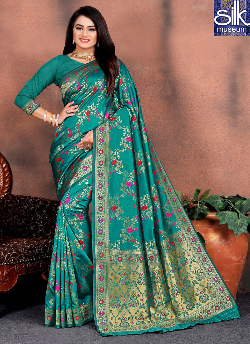 Teal Blue Color Silk Fabric New Designer Party Wear Saree