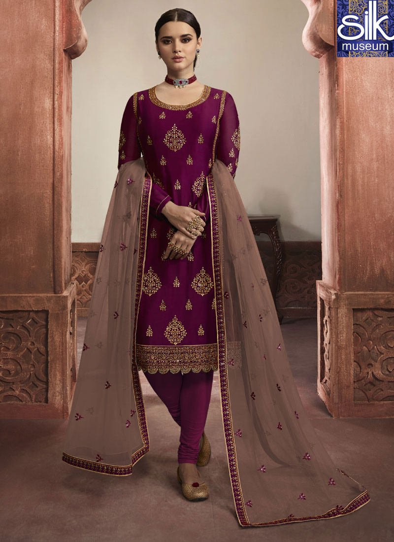 Attractive Purple Color Faux Georgette New Designer Churidar Suit