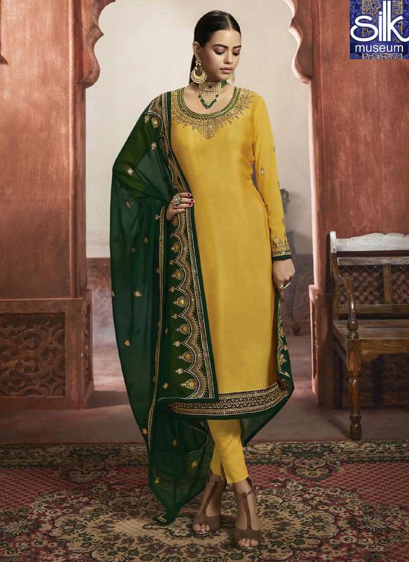 Yellow With Green Color Faux Georgette New Designer Chudidar Suit