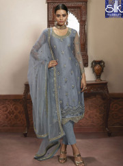 Grey Color Net Designer Party Wear Embroidered Pant Style Suit