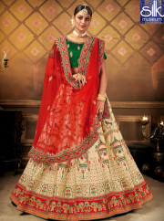 Attractive Cream Color Satin Silk New Designer Bridal Wear A Line Lehenga Choli