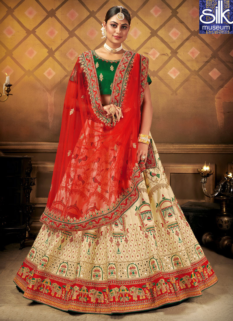 Attractive Cream Color Satin Silk New Designer Bridal Wear A Line Lehenga Choli