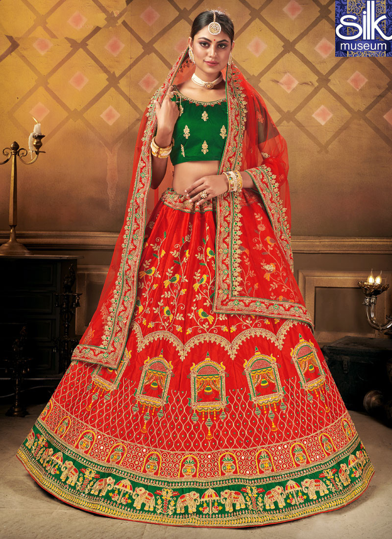 Magnetic Red Color New Designer Satin Silk Bridal Wear Lehenga Choli