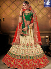 Outstanding Cream Color Satin Silk New Designer Wedding Wear Lehenga Choli