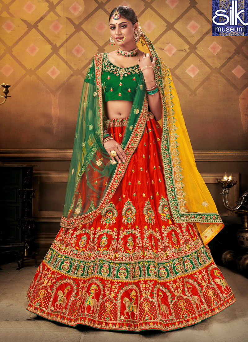 Gorgeous Red With Green Color Sating Silk New Trendy Bridal Lehenga Choli