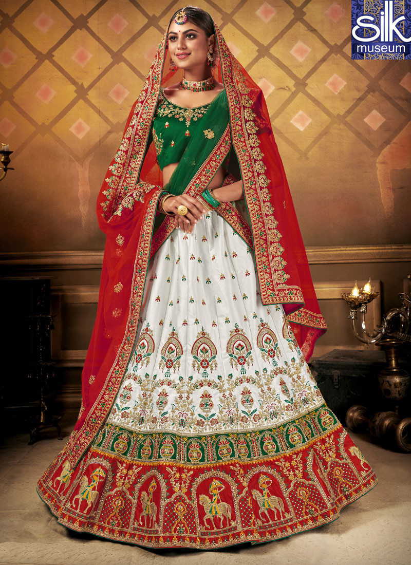 Eye Catchy White Color Satin Silk Designer Wedding Wear Traditional Lehenga Choli