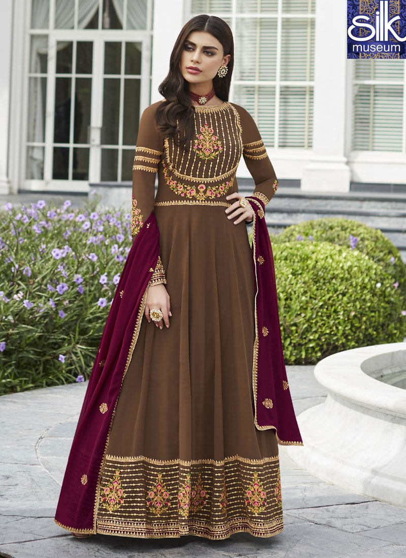 Adorable Coffee Brown Color Faux Georgette New Designer Party Wear Anarkali Suit