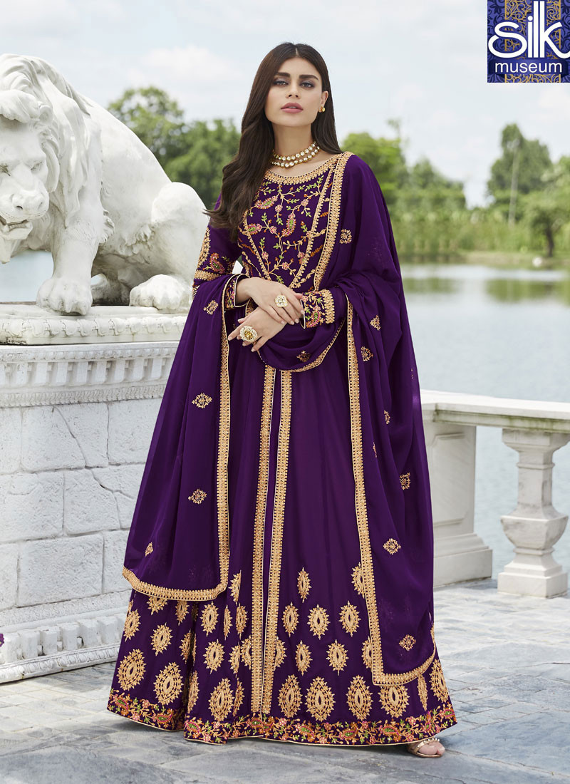 Delightful Purple Color Faux Georgette New Designer Party Wear Anarkali Suit
