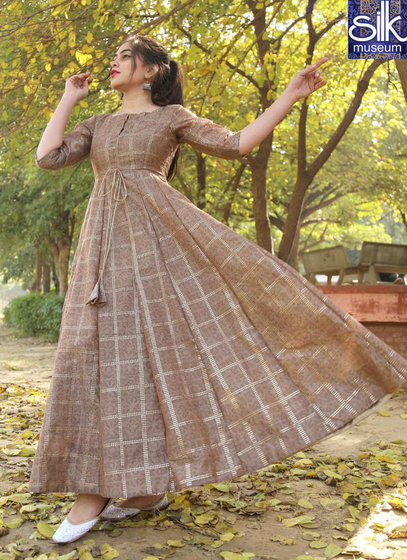 Divine Light Brown Color Chanderi Silk Designer Party Wear Ready Made Gown