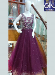 Designer Whine Color Fluffy Gown in Net