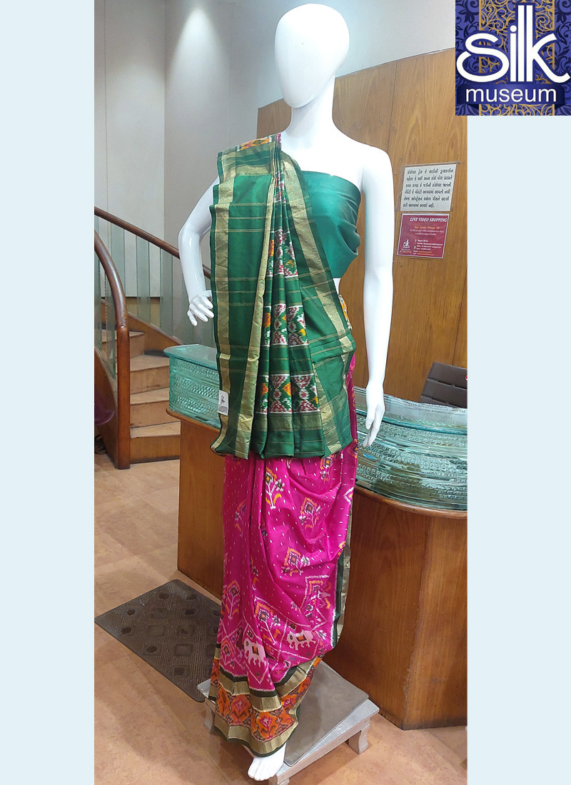 Pure Silk Patola With Elephant Figure in Pink And Green Color