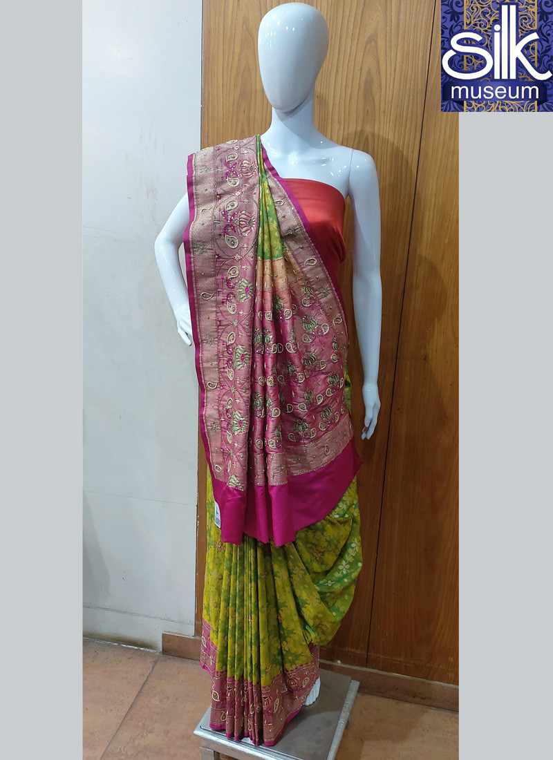 Pure Silk Hand Work Saree in Green And Pink