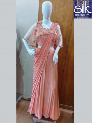 Designer Cap Style Ready To Wear Saree In Pink Color Lycra