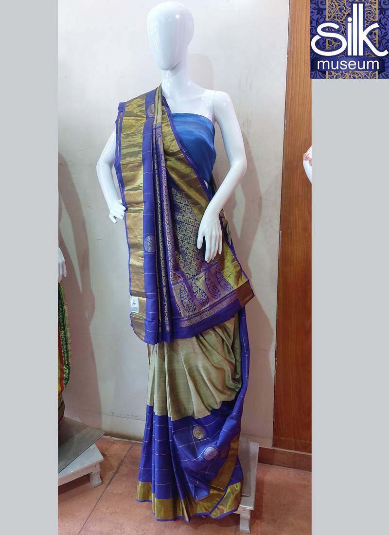 Pure Silk Saree In Blue And English Color