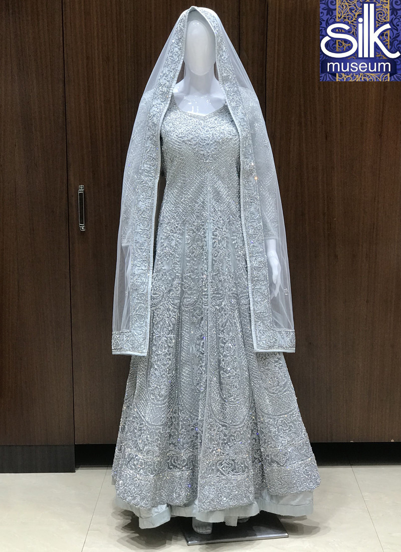 Metallic Grey Color Designer Front Cut Gown