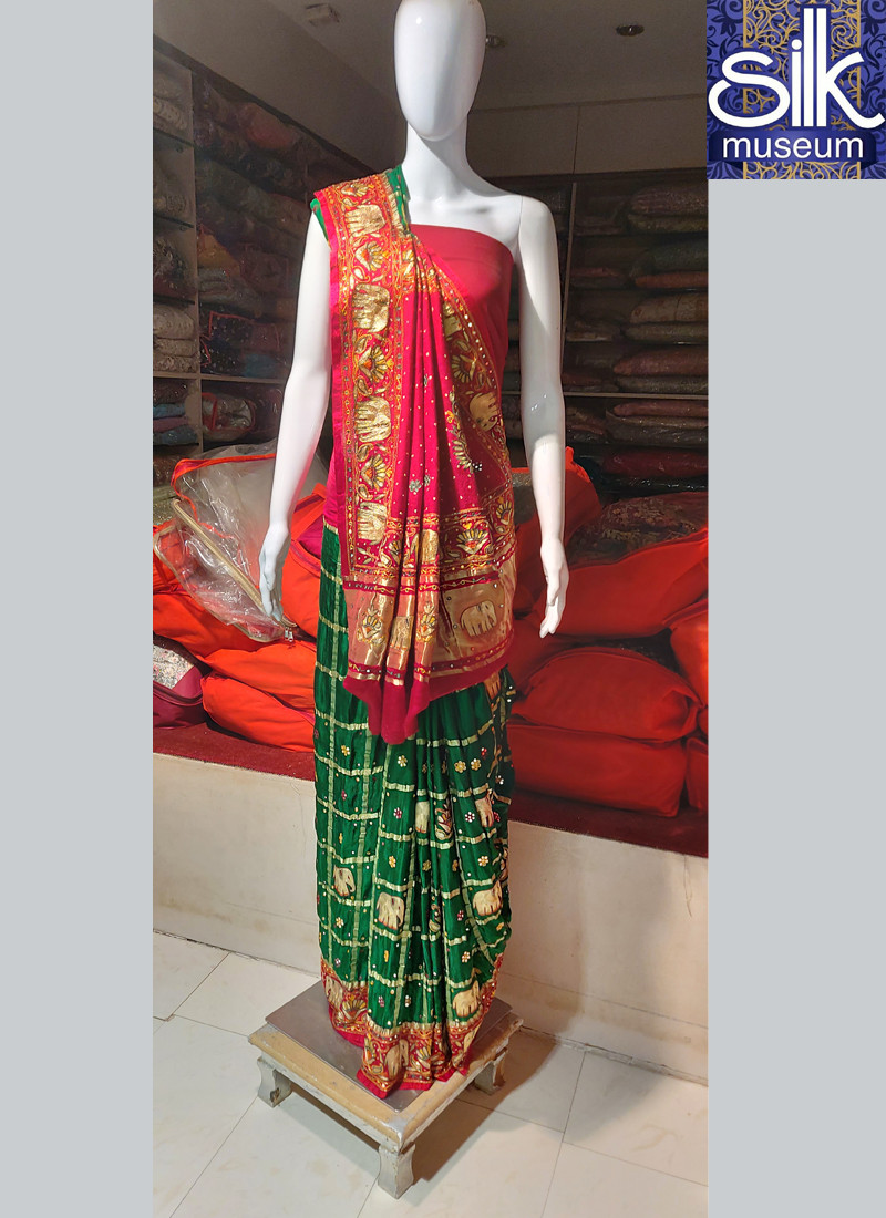 Pure Gaji Silk Saree Green With Red In Hand Work