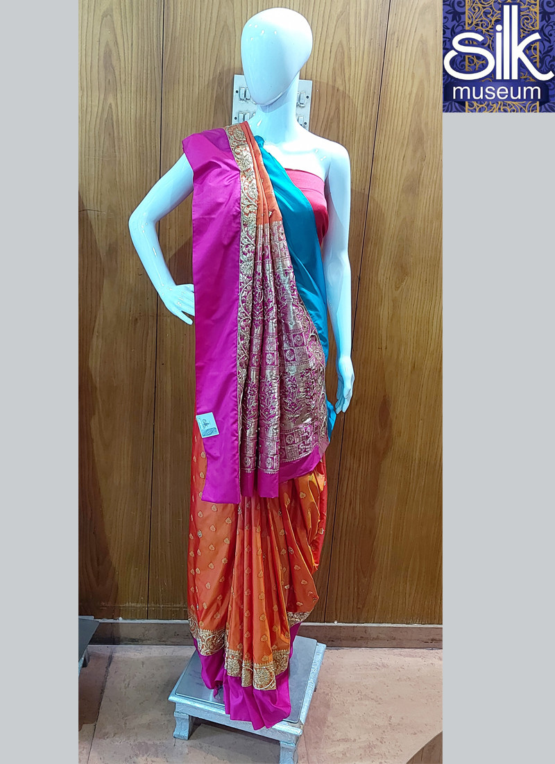 Pure Silk Saree In Pink And Orange Hand Work
