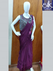 Ready To Wear Saree In Wine Color Laycra Fabric