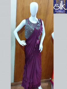 Ready To Wear Saree In Wine Color Laycra Fabric