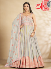 Beautiful Sky Blue Gown With Thread & Se