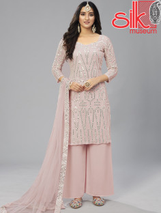 Baby Pink Georgette Semi Stitched With Thread & Foil Mirror Work