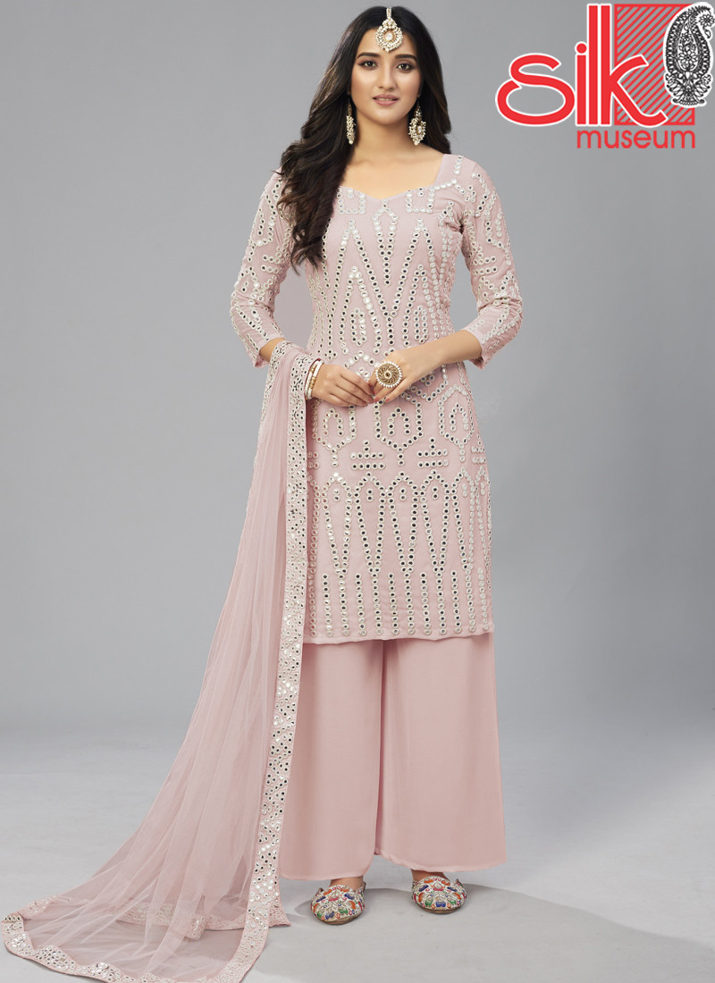 Baby Pink Georgette Semi Stitched With Thread & Foil Mirror Work